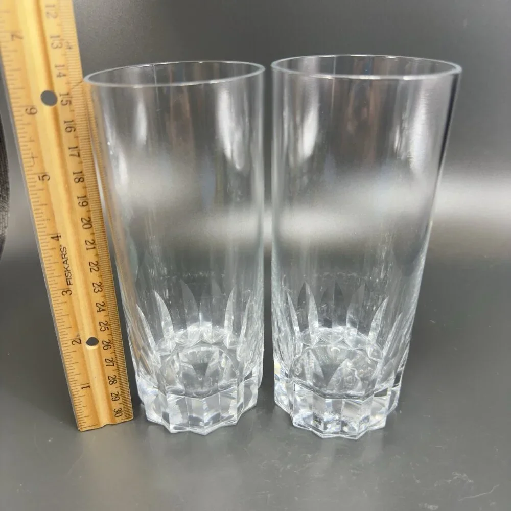 Vintage French Tall Tumblers Cups Barware Set 2 Glasses Cut Bottom Design VTG‎